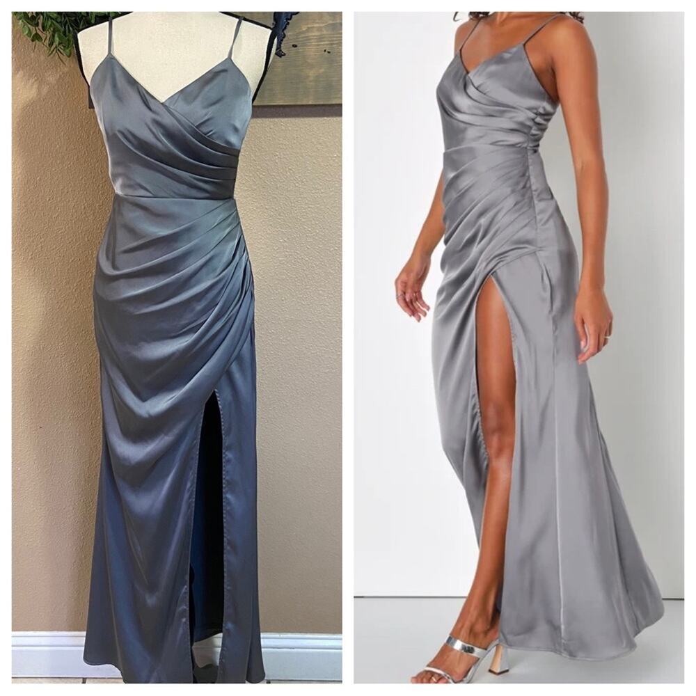 NWOT Lulus Glamorous Persona Grey Satin Pleated Sleeveless Tulip Maxi Dr…